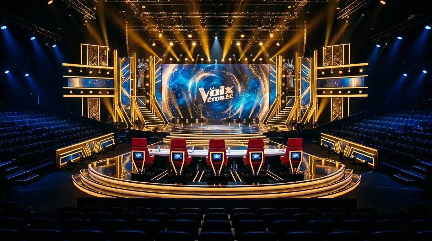 Plateau de télé-crochet avec fauteuils de jury vides sous les projecteurs, comme celui de La France a un incroyable talent