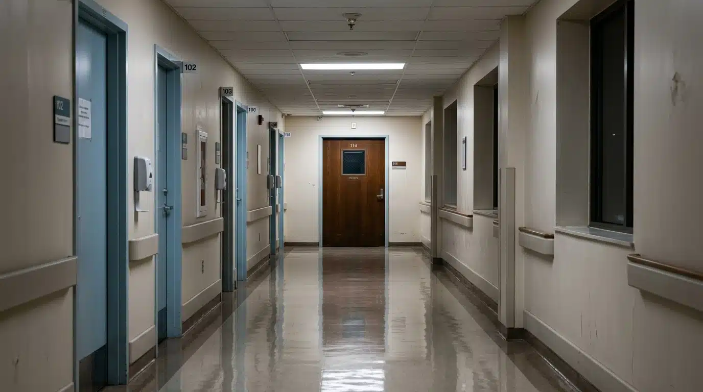 Couloir d'hôpital désert, symbole des nombreuses opérations et du long combat contre la maladie