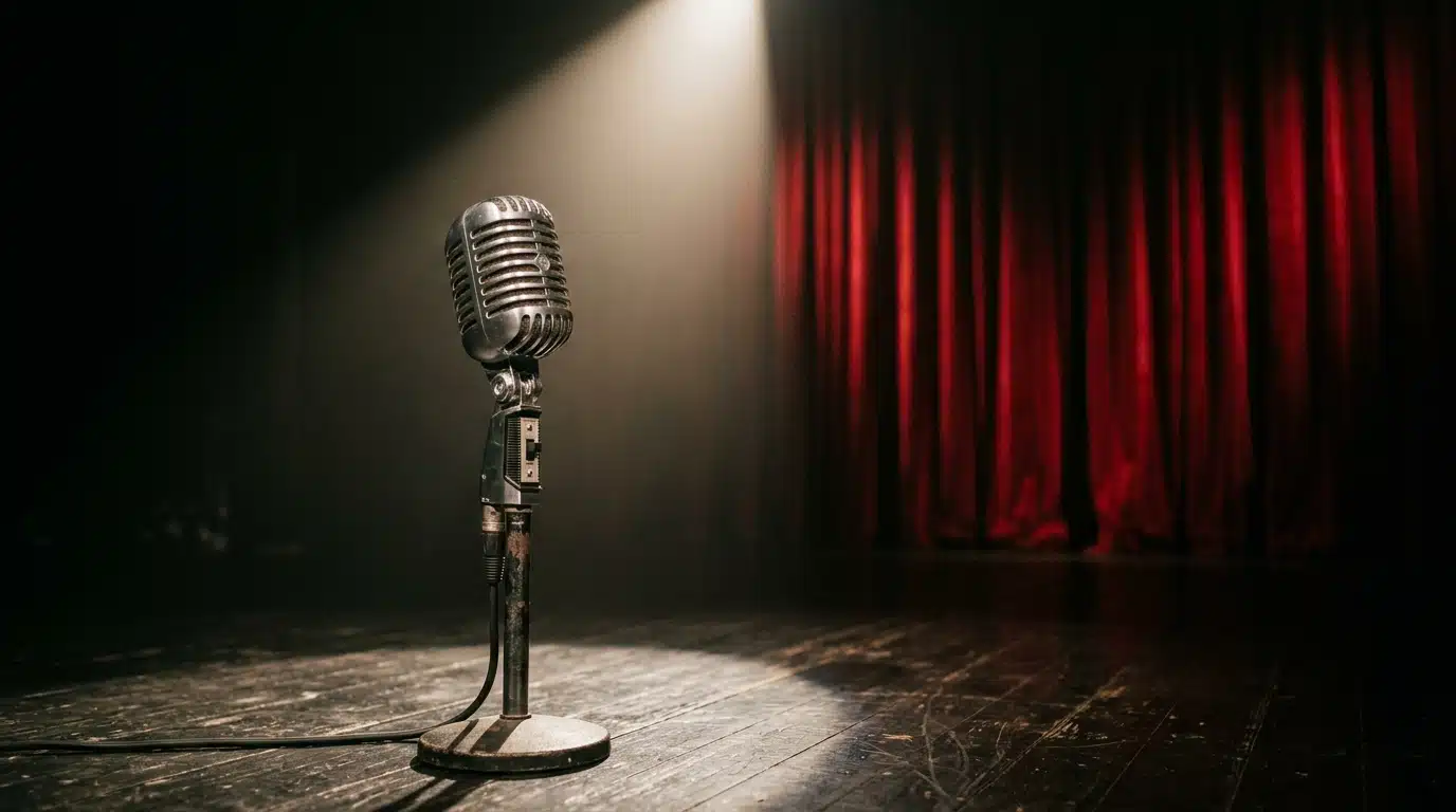 Micro posé sur une scène vide sous un projecteur, évoquant trente ans de carrière musicale