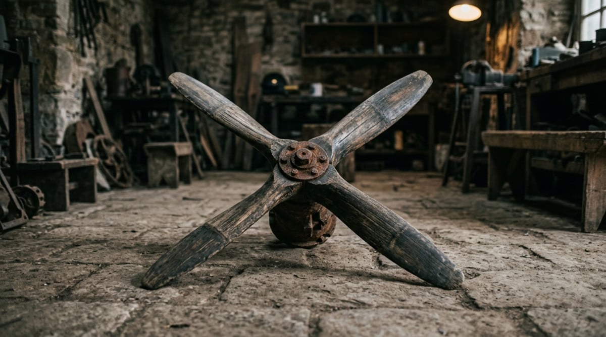 Hélice en bambou d'une réplique ancienne posée au sol