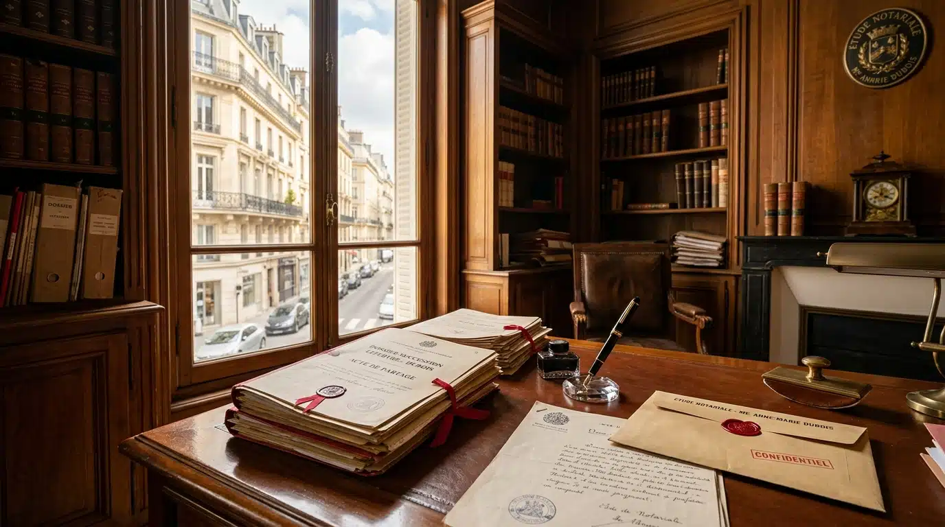 Bureau de notaire parisien avec dossiers de succession et stylo plume posés sur un bureau en bois