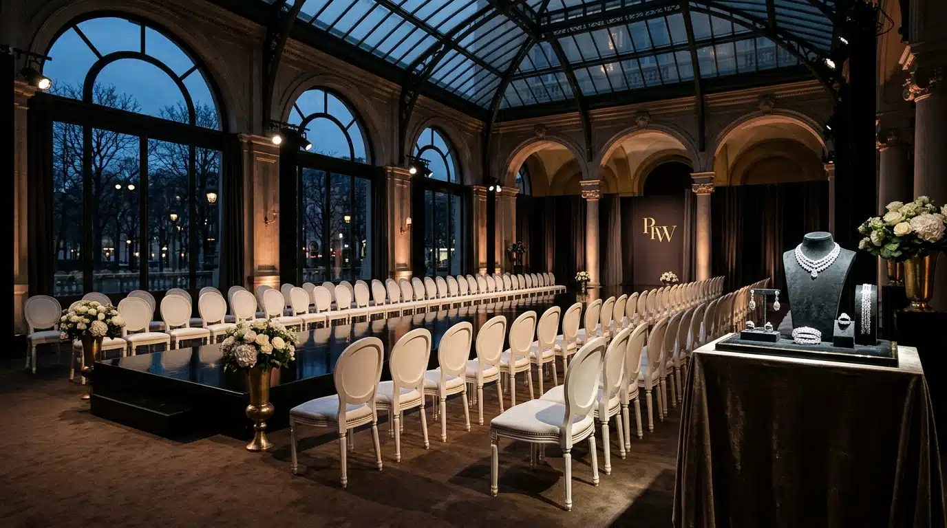Premier rang vide d'un défilé de haute joaillerie à la Fashion Week de Paris