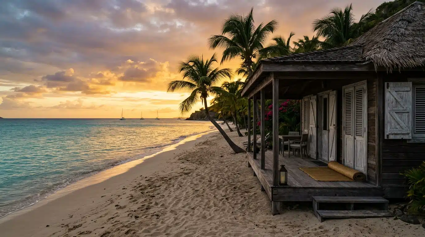 Plage de Saint-Barth au crépuscule devant une villa aux volets fermés, symbole d'un clan en retrait