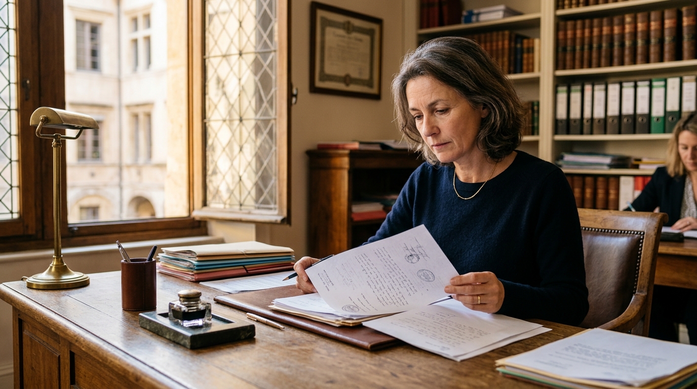 Femme chez le notaire examinant des documents