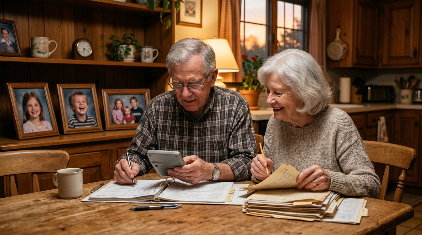 Couple âgé calculant la répartition de son patrimoine