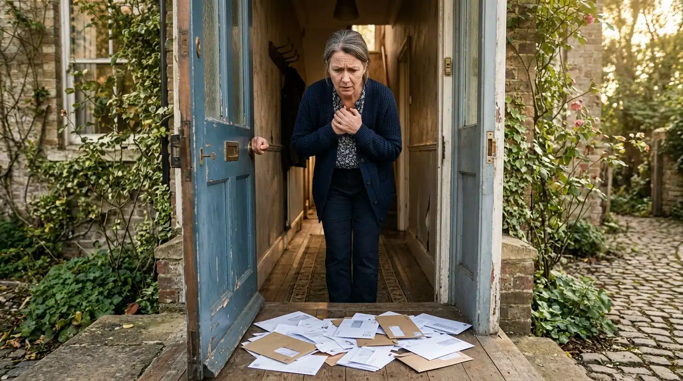 Femme inquiète devant une maison familiale et un tas de courriers