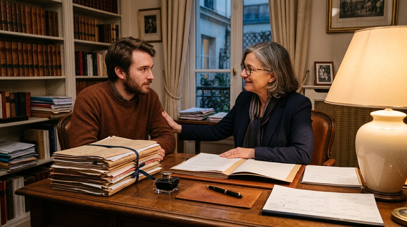 Notaire rassurant un héritier dans son bureau