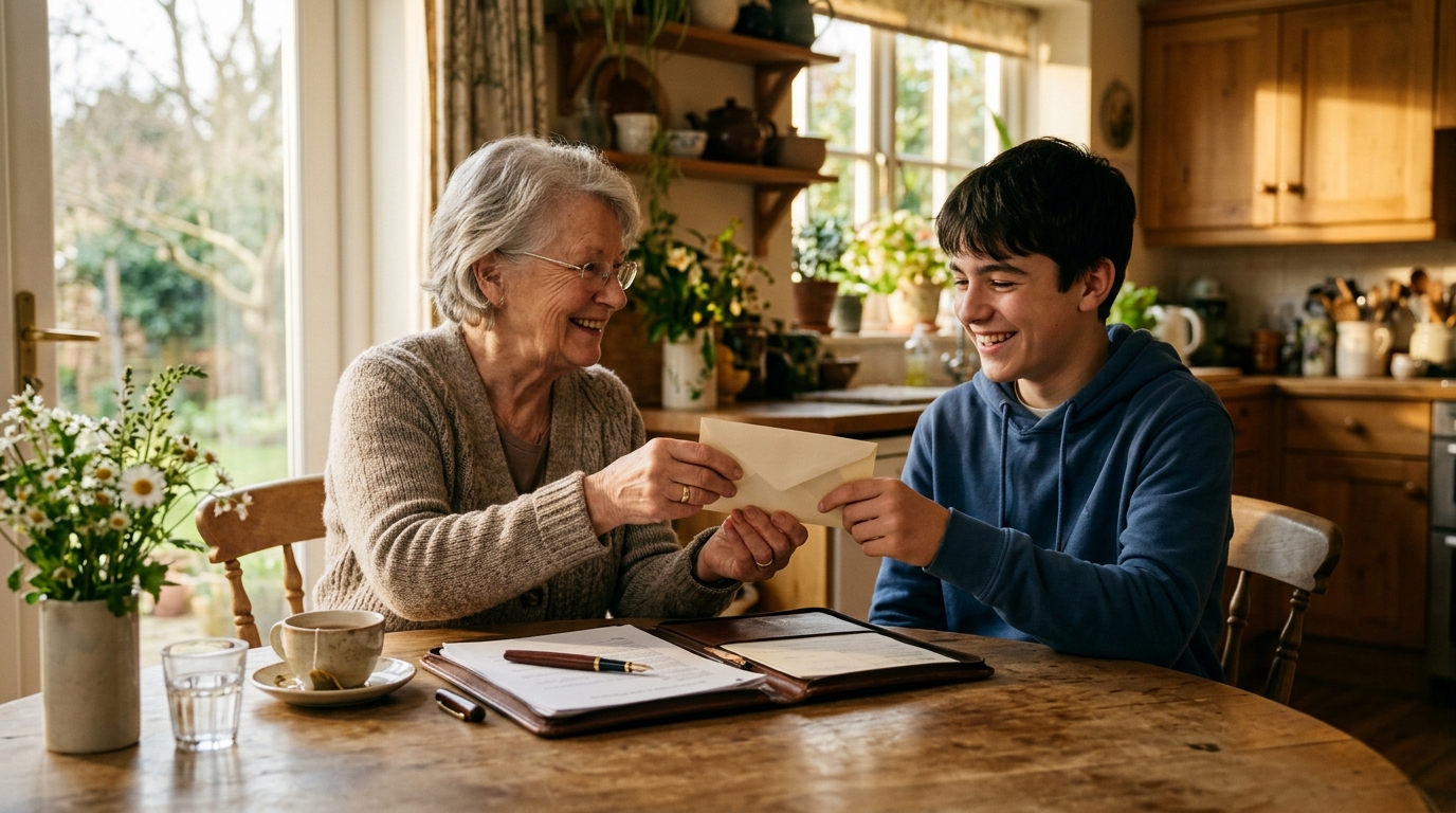 Grand-mère remettant une enveloppe à son petit-fils
