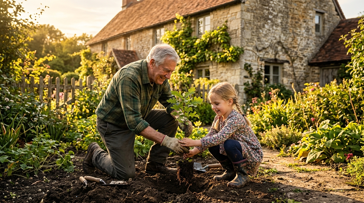 Grand-père et petite-fille plantant un arbre ensemble