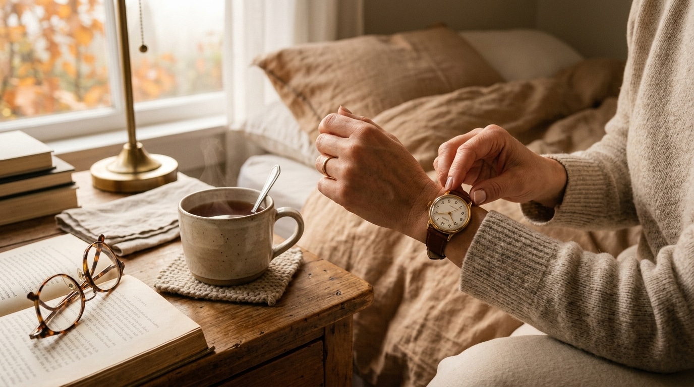 Main réglant une montre sur une table de chevet