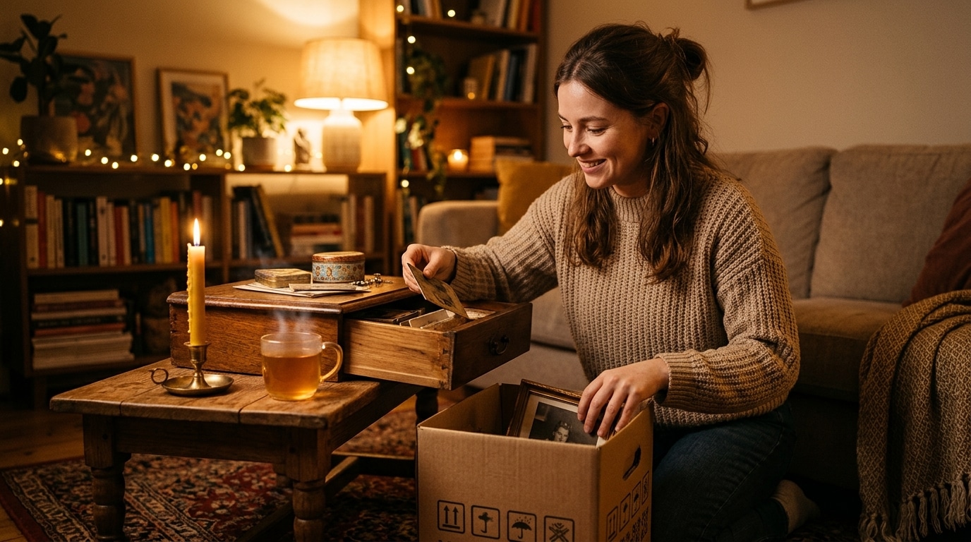 Femme triant des souvenirs à la bougie