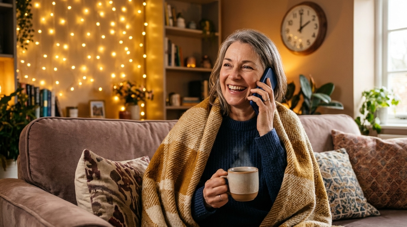 Femme au téléphone sous un plaid, ambiance cocooning