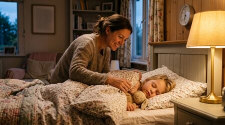 Parent couche un enfant le soir sous une lampe chaleureuse