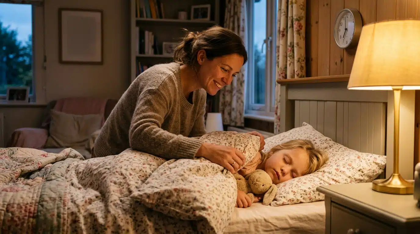 Parent couche un enfant le soir sous une lampe chaleureuse