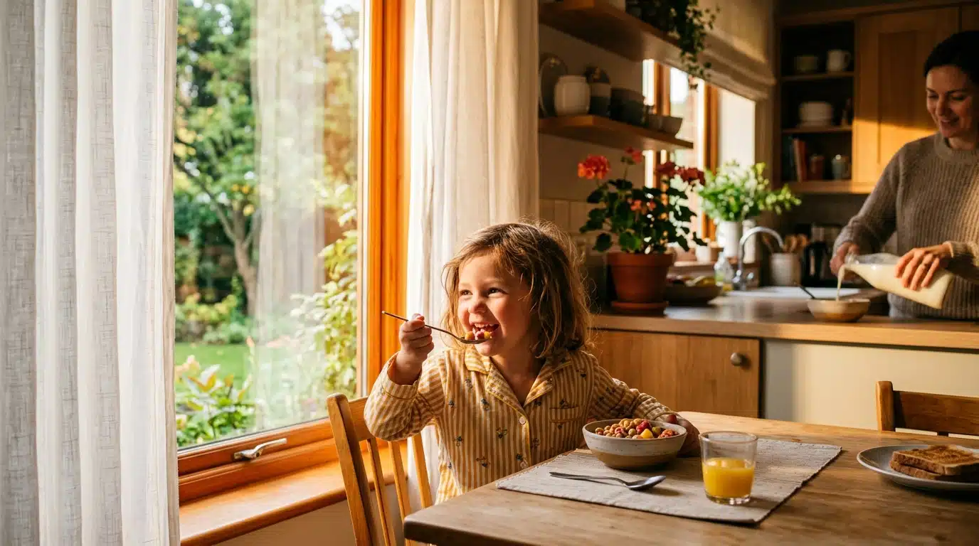 Enfant qui petit-déjeune dans une cuisine baignée de soleil