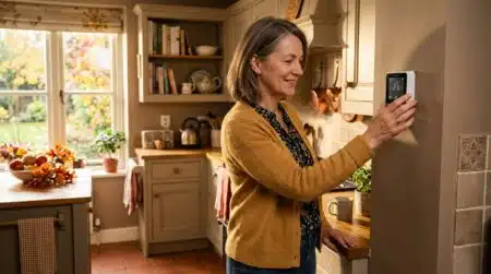 Femme réglant le thermostat de sa cuisine