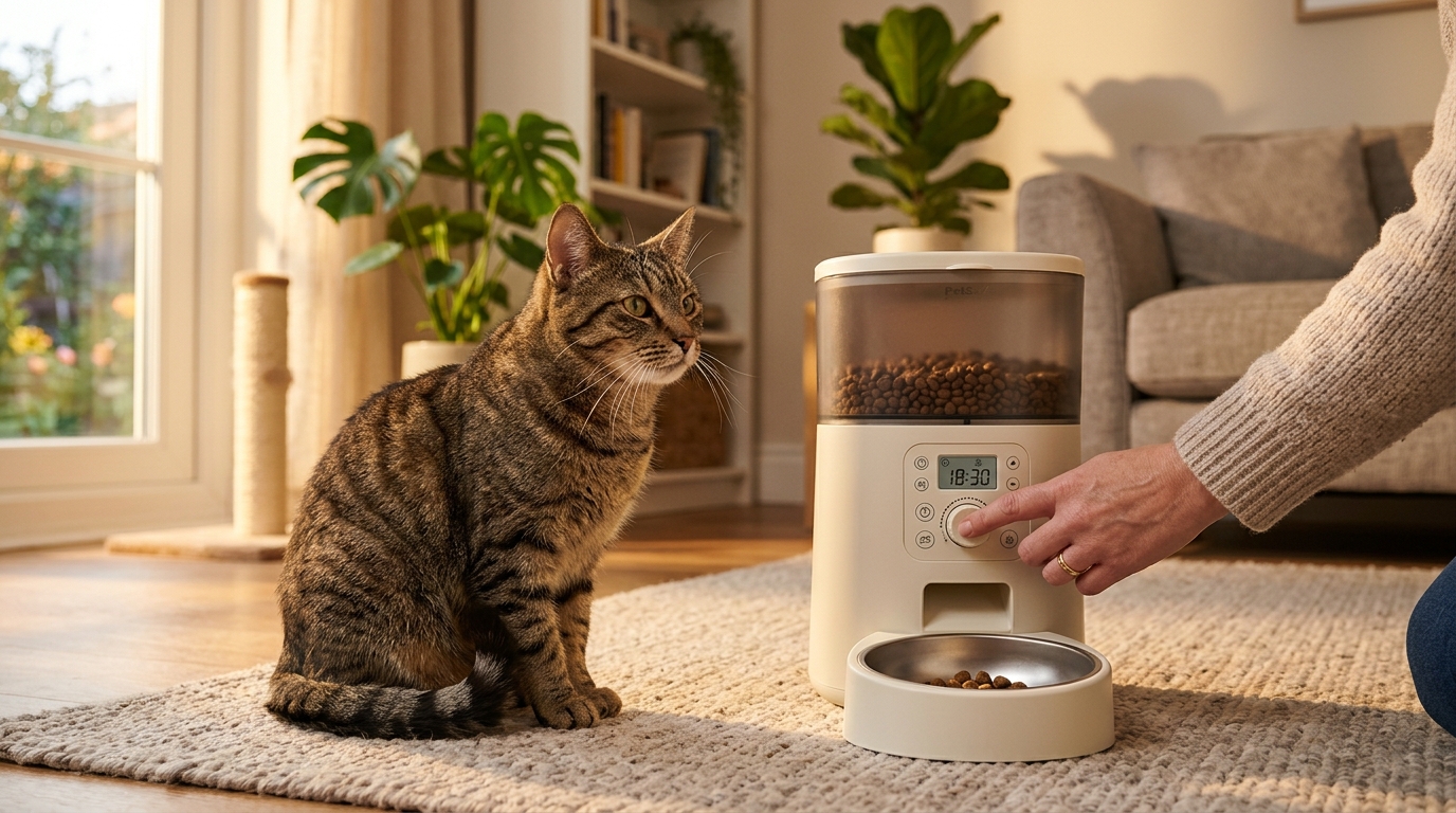 Chat devant un distributeur automatique de croquettes