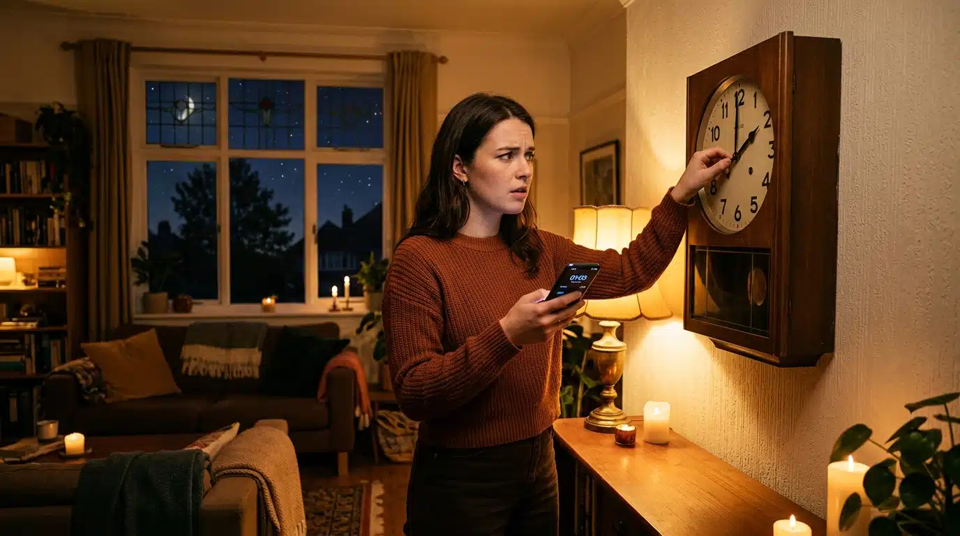 Femme perplexe devant l'horloge et son téléphone