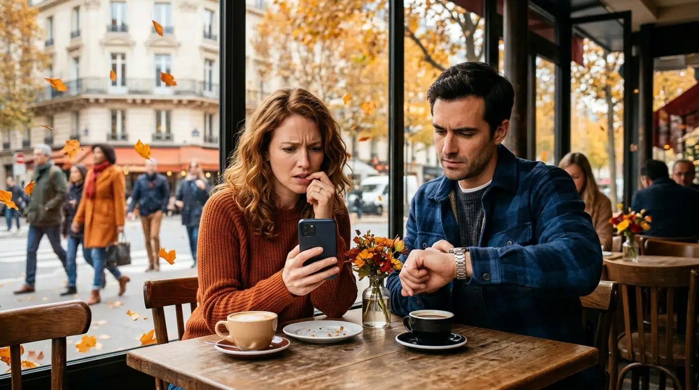 Couple en terrasse face à un message mal compris