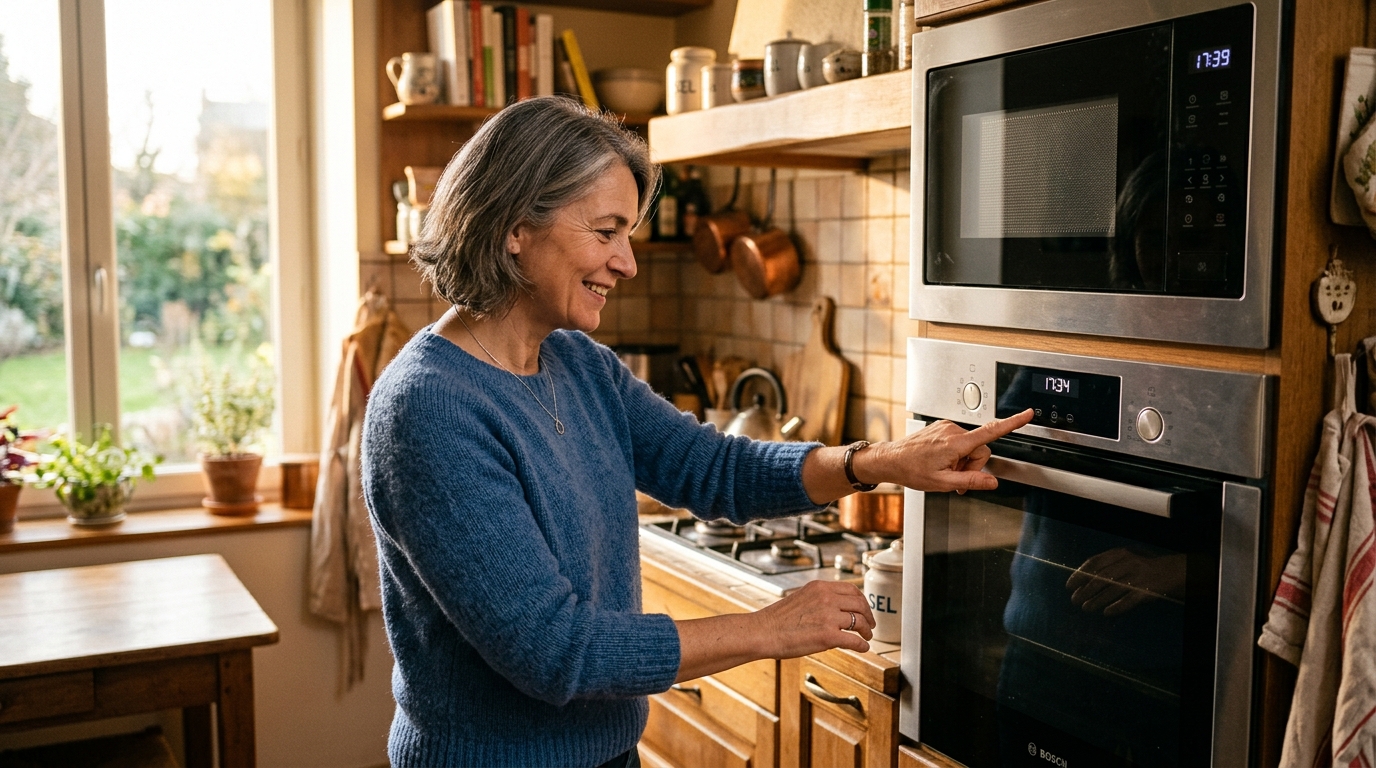 Femme réglant l'horloge de son four dans la cuisine