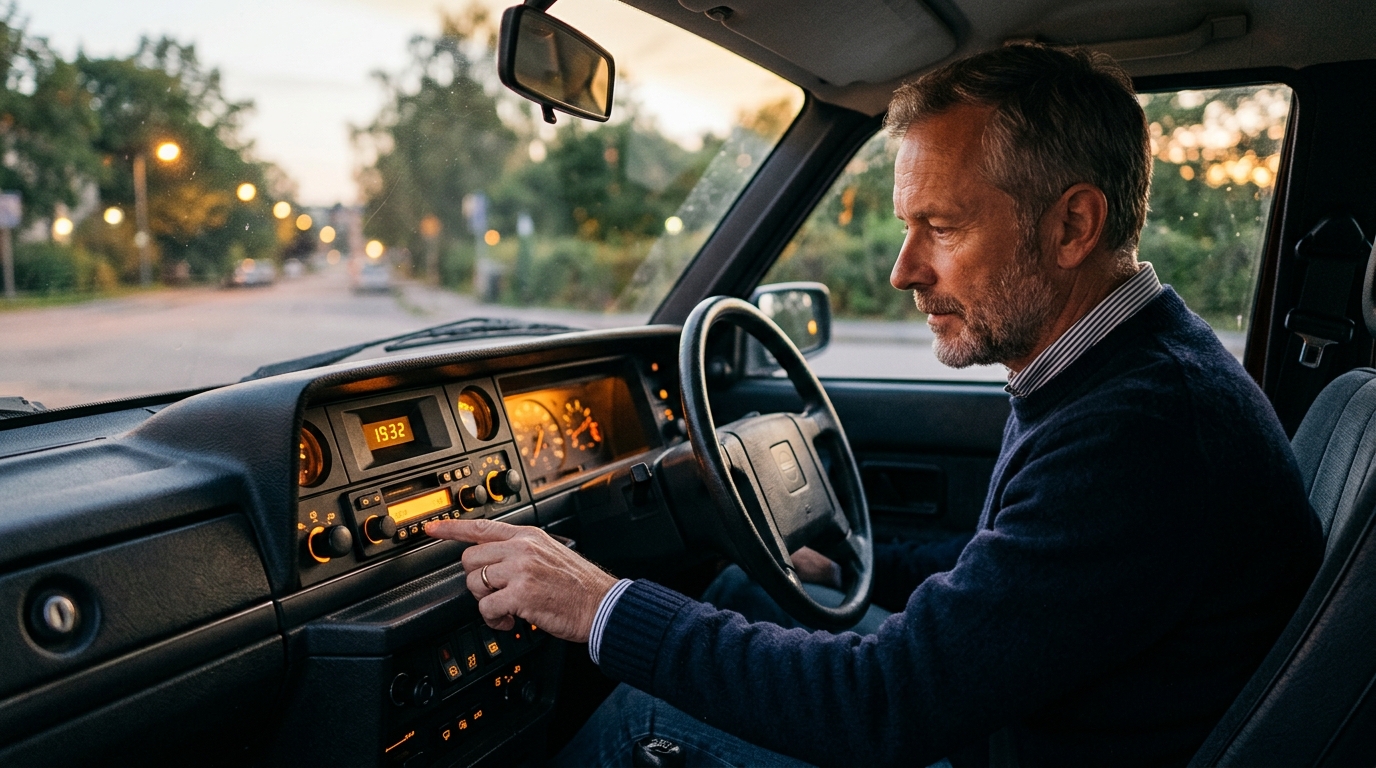Automobiliste réglant l'heure de son autoradio