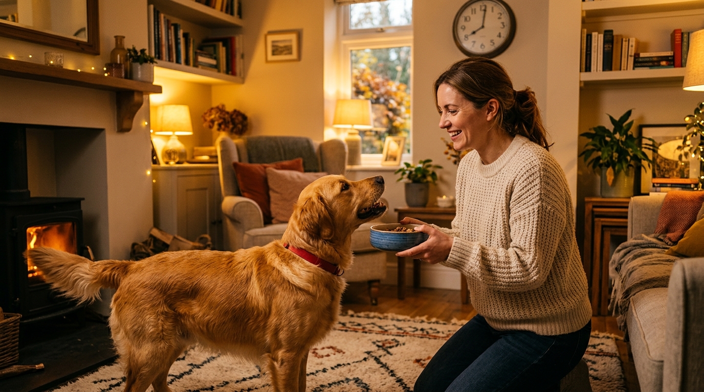 Femme servant la gamelle à son chien dans un salon chaleureux