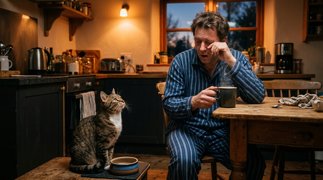 Chat tigré réclamant sa gamelle à un homme en pyjama à l'aube