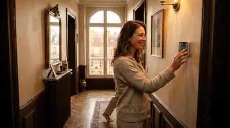 Femme réglant le thermostat de son appartement à l'aube