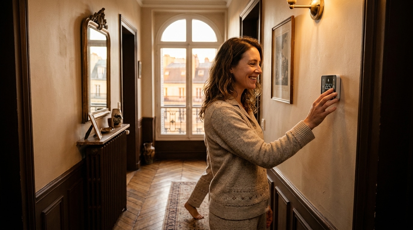 Femme réglant le thermostat de son appartement à l'aube