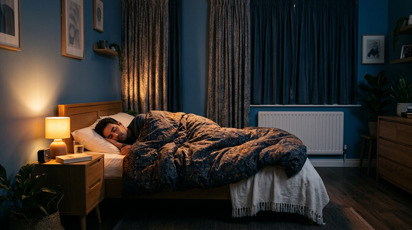 Chambre cosy la nuit avec radiateur sous la fenêtre