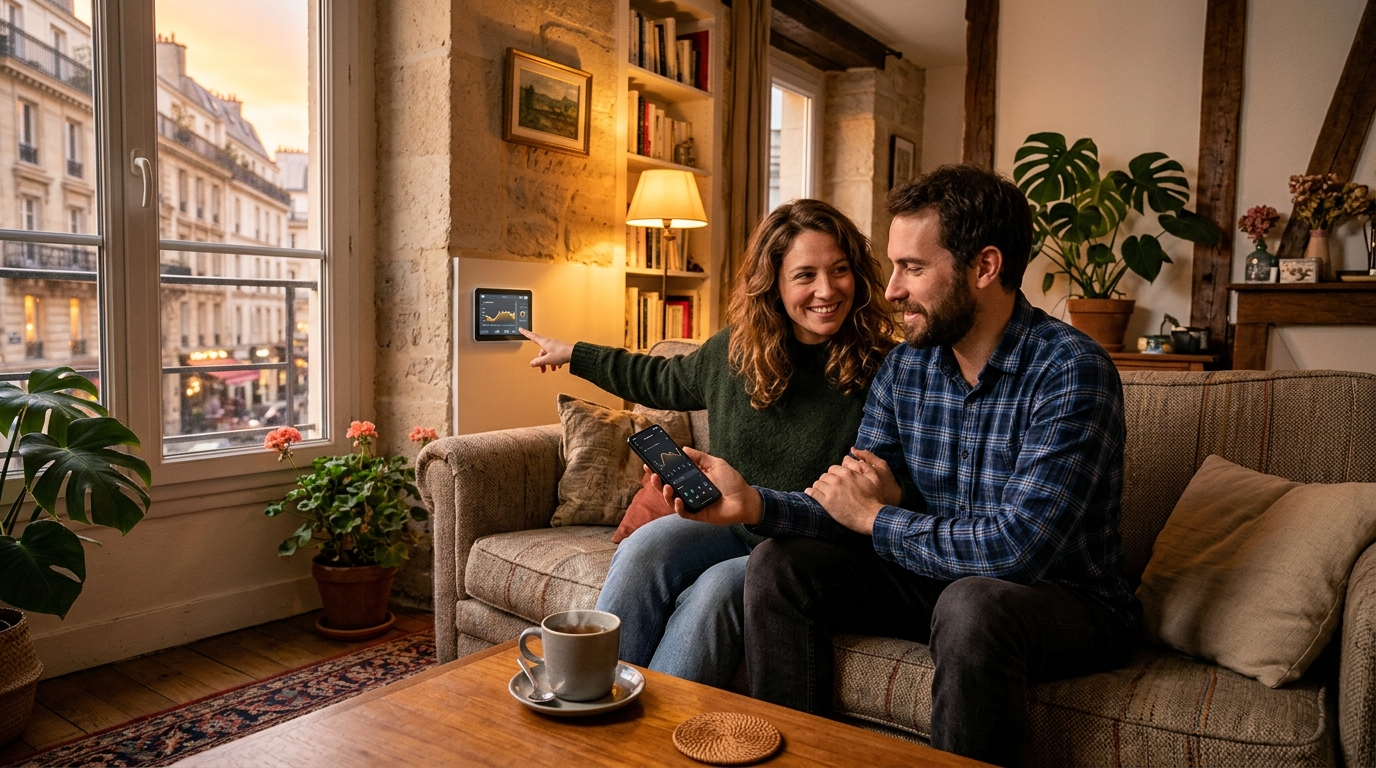 Couple programmant son chauffage sur le canapé le soir