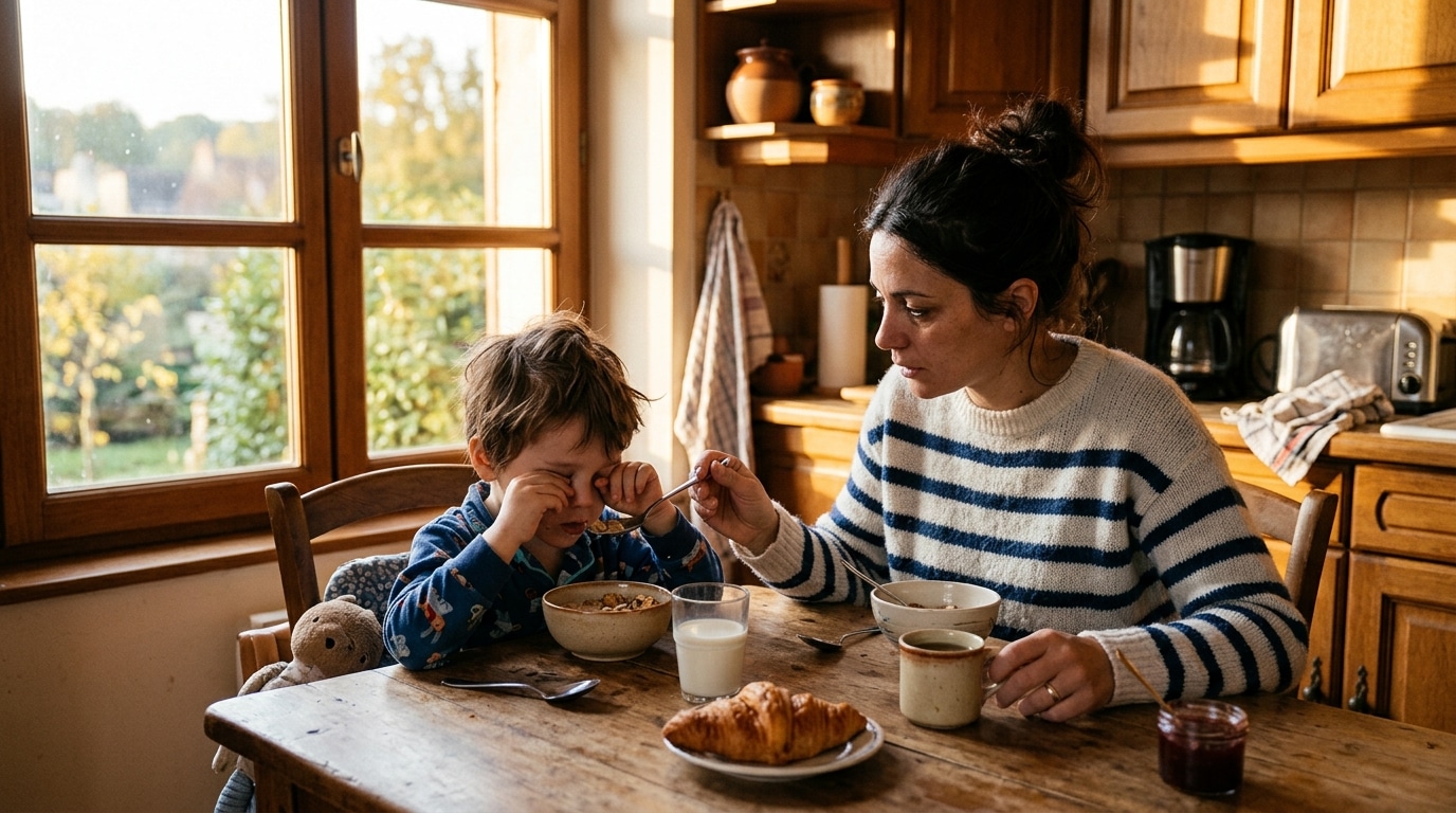 Mère et enfant au petit-déjeuner dans la lumière du matin