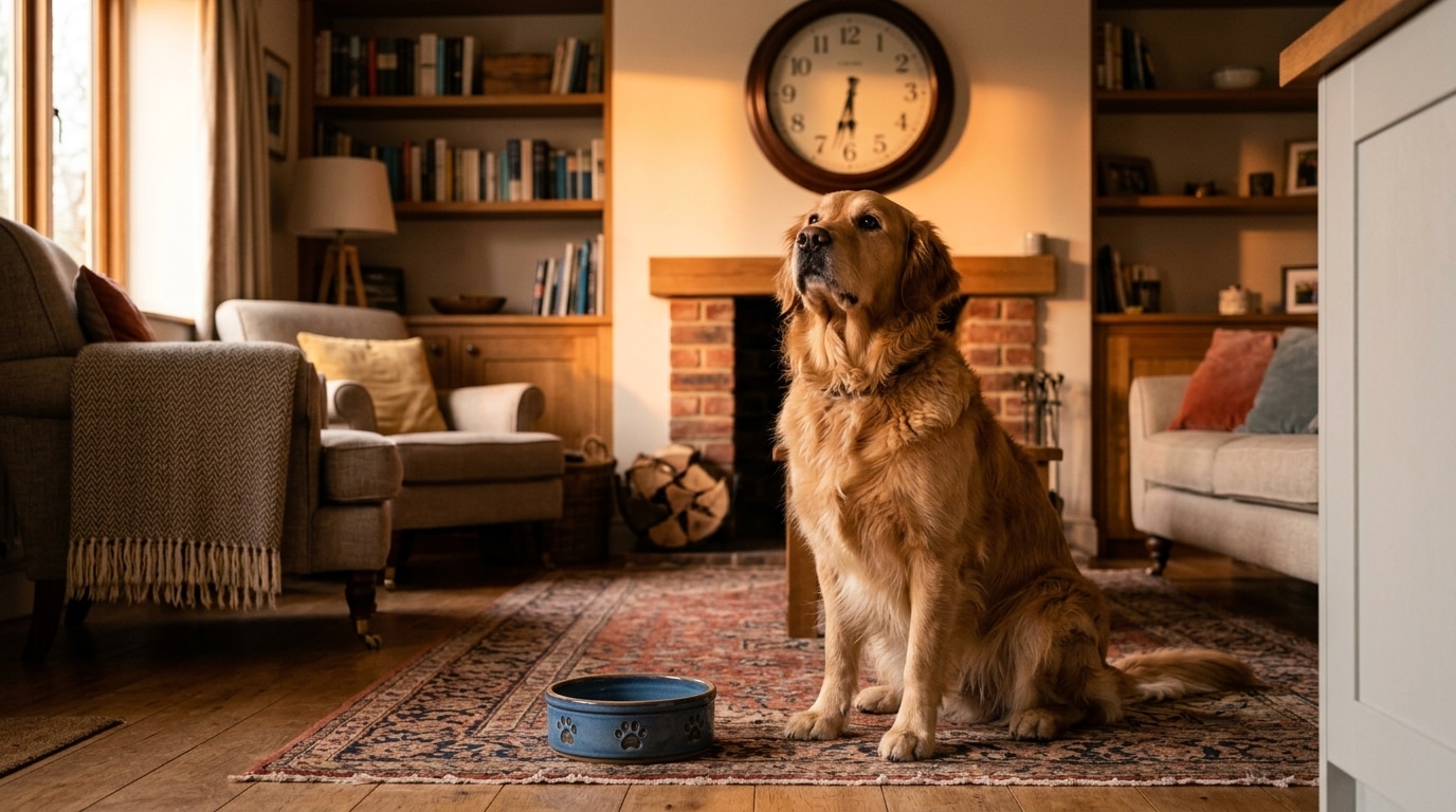 Chien qui attend sa gamelle dans un salon chaleureux