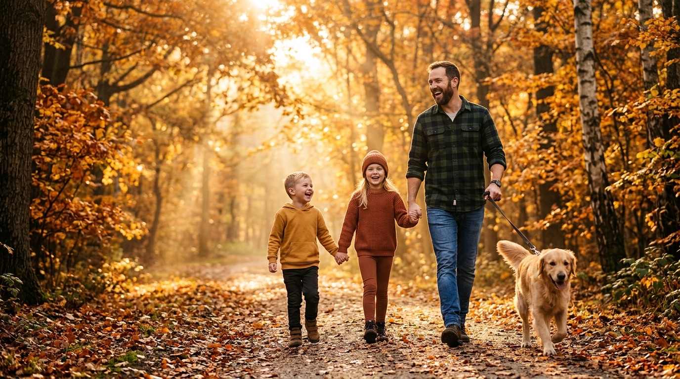 Famille promenant son chien au lever du soleil en automne