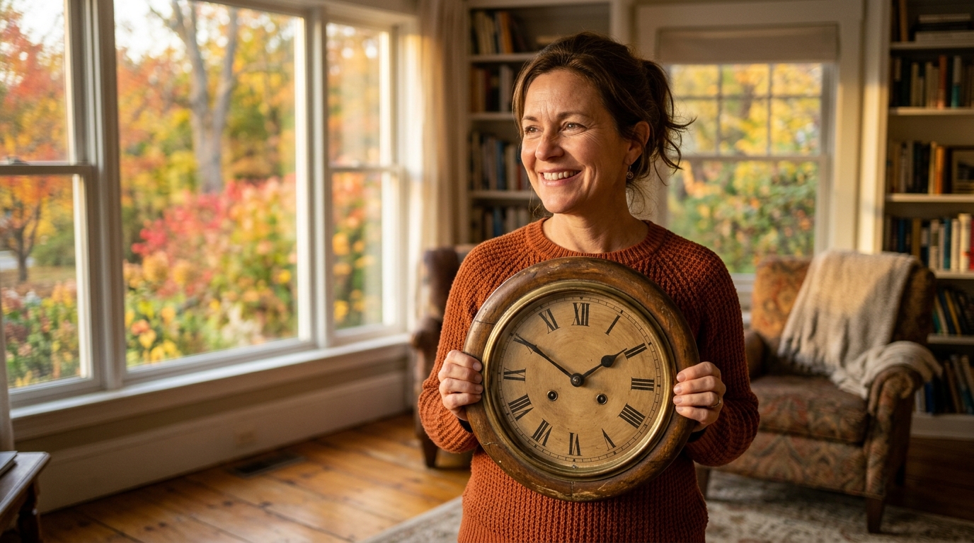 Femme tenant une pendule dans un salon d'automne