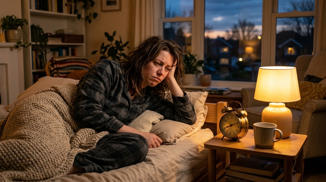 Femme fatiguée devant son réveil au crépuscule