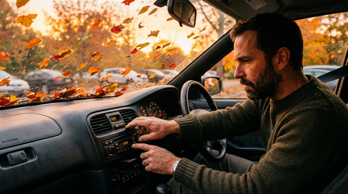 Homme réglant l'horloge de l'autoradio dans sa voiture
