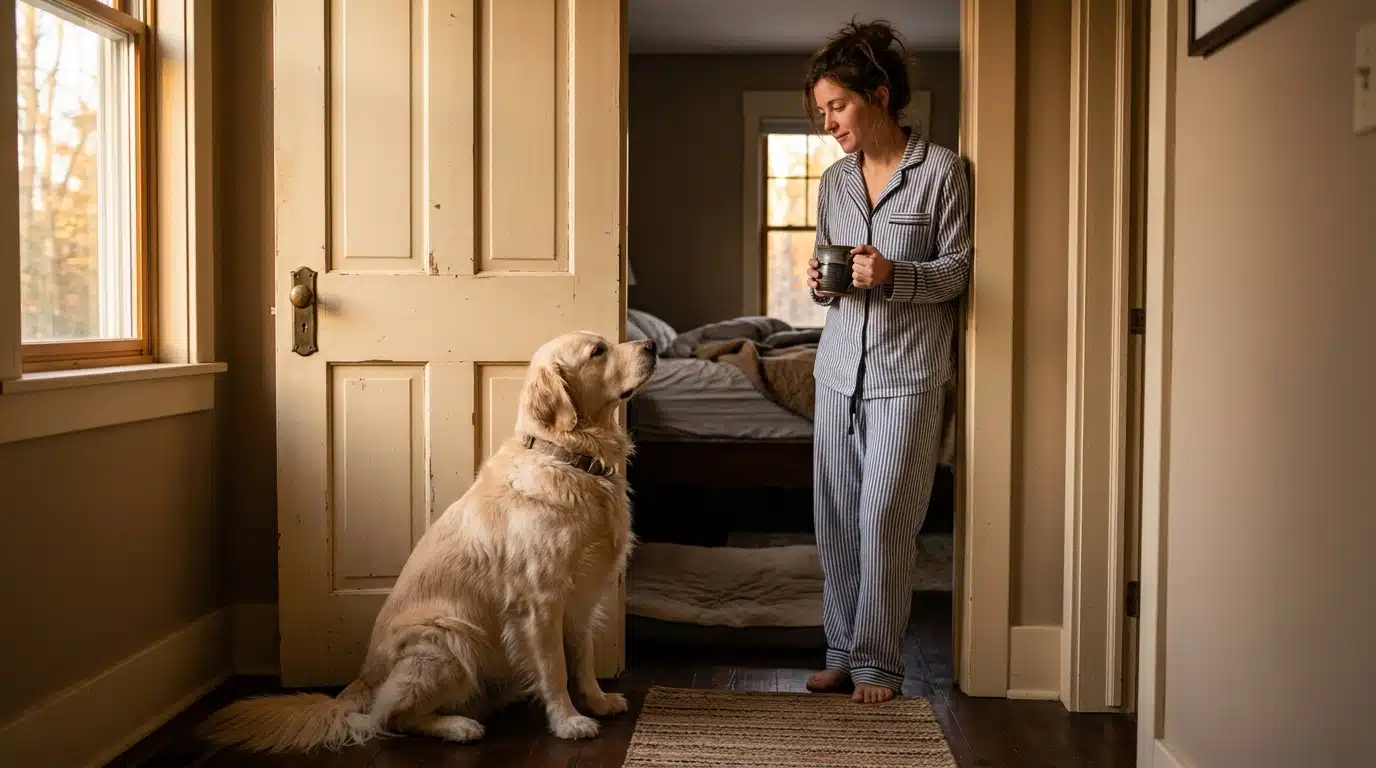 Chien devant une porte de chambre au petit matin