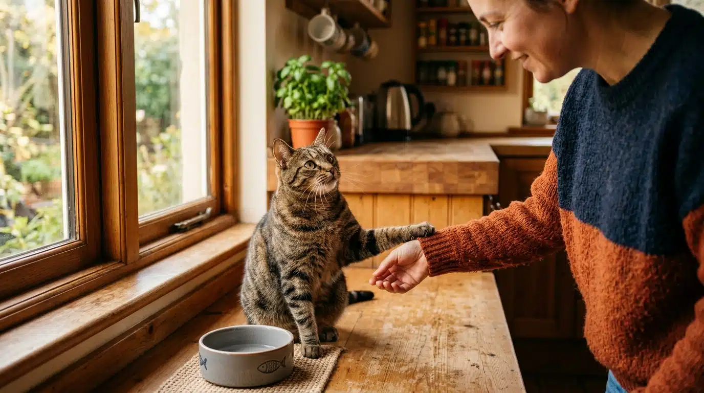 Chat réclamant sa gamelle dans une cuisine chaleureuse