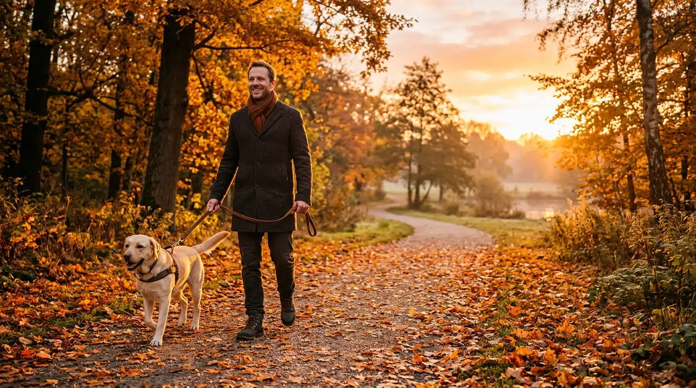 Homme promenant son chien au lever du soleil en automne