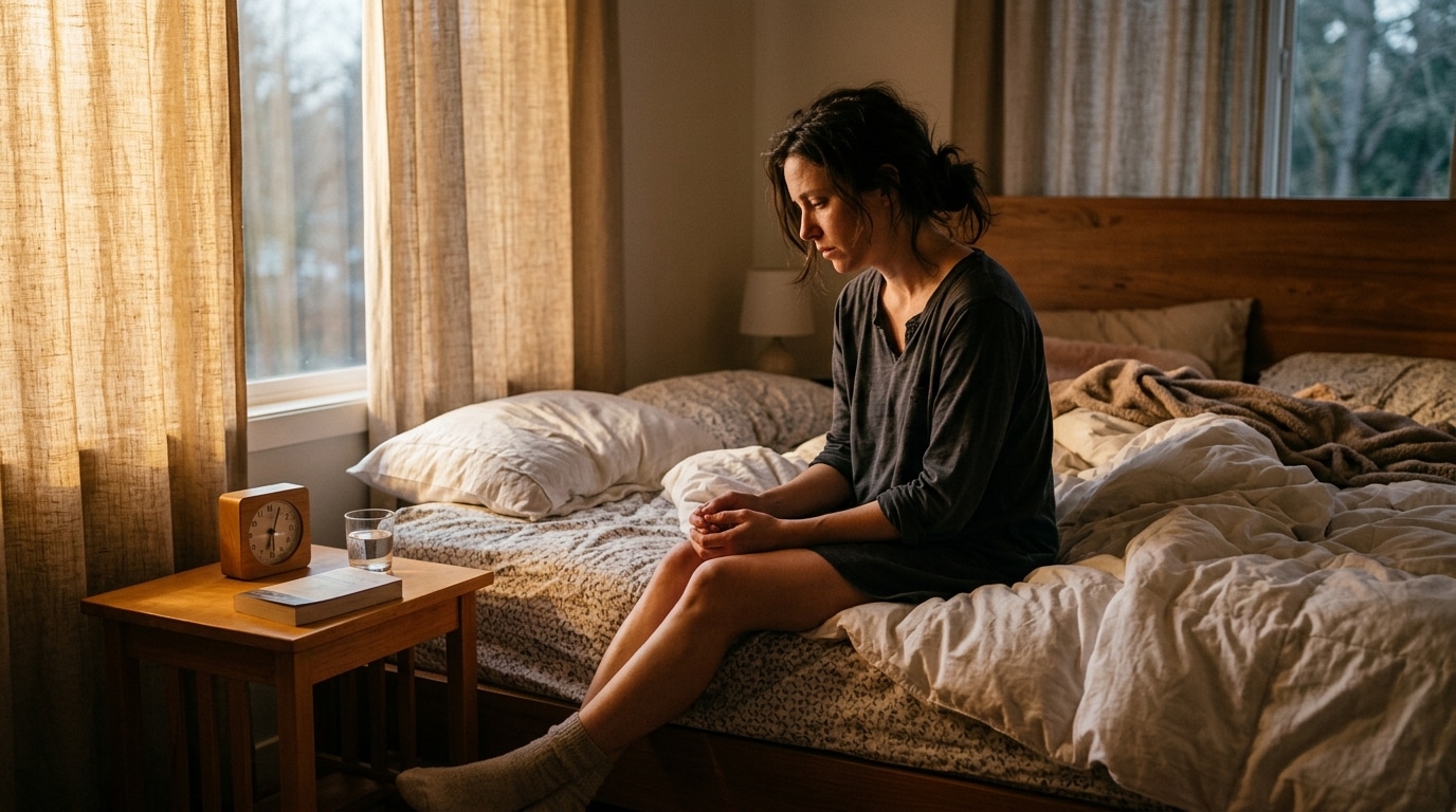 Femme fatiguée assise sur son lit au lever du jour