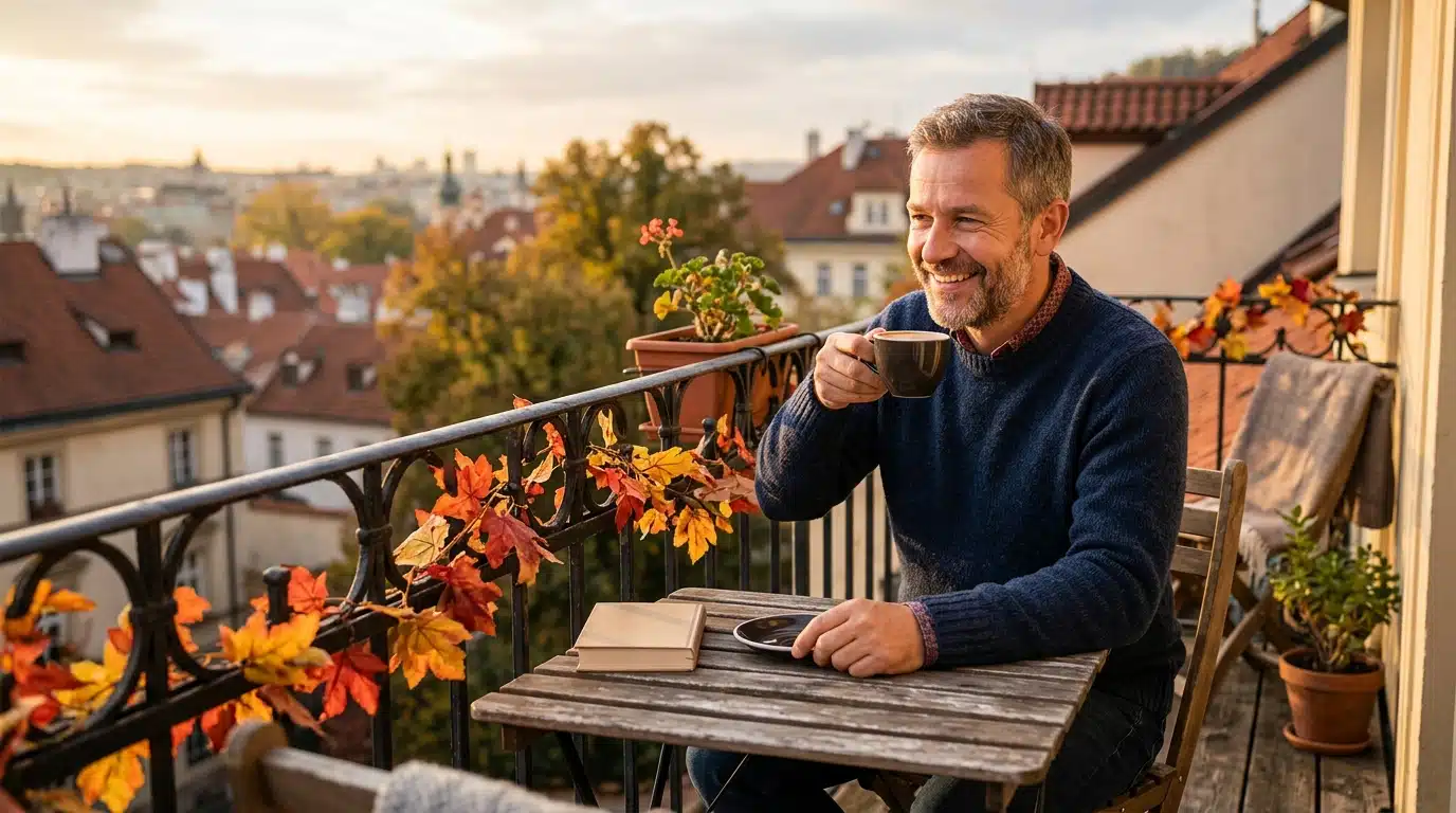 Homme buvant un café au balcon dans la lumière du matin