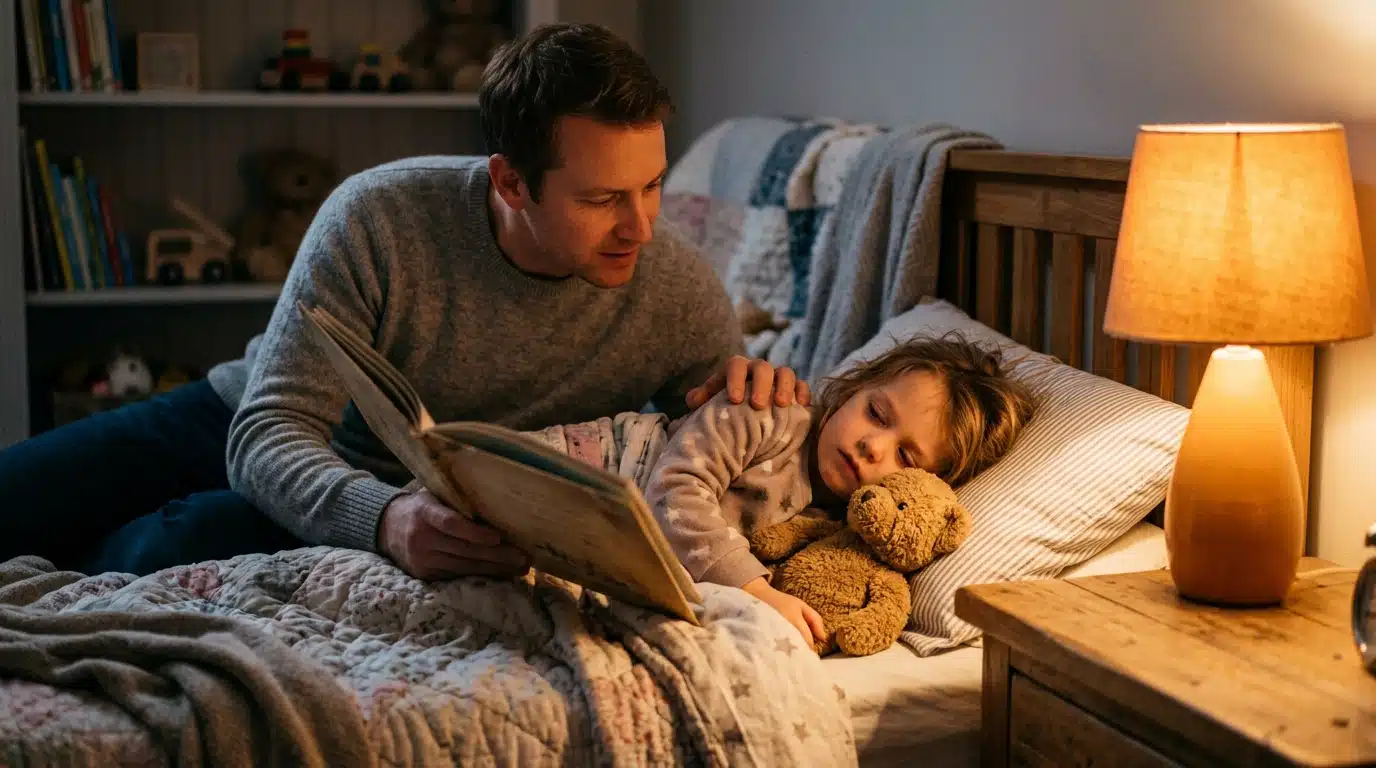 Parent lisant une histoire à un enfant avant le coucher