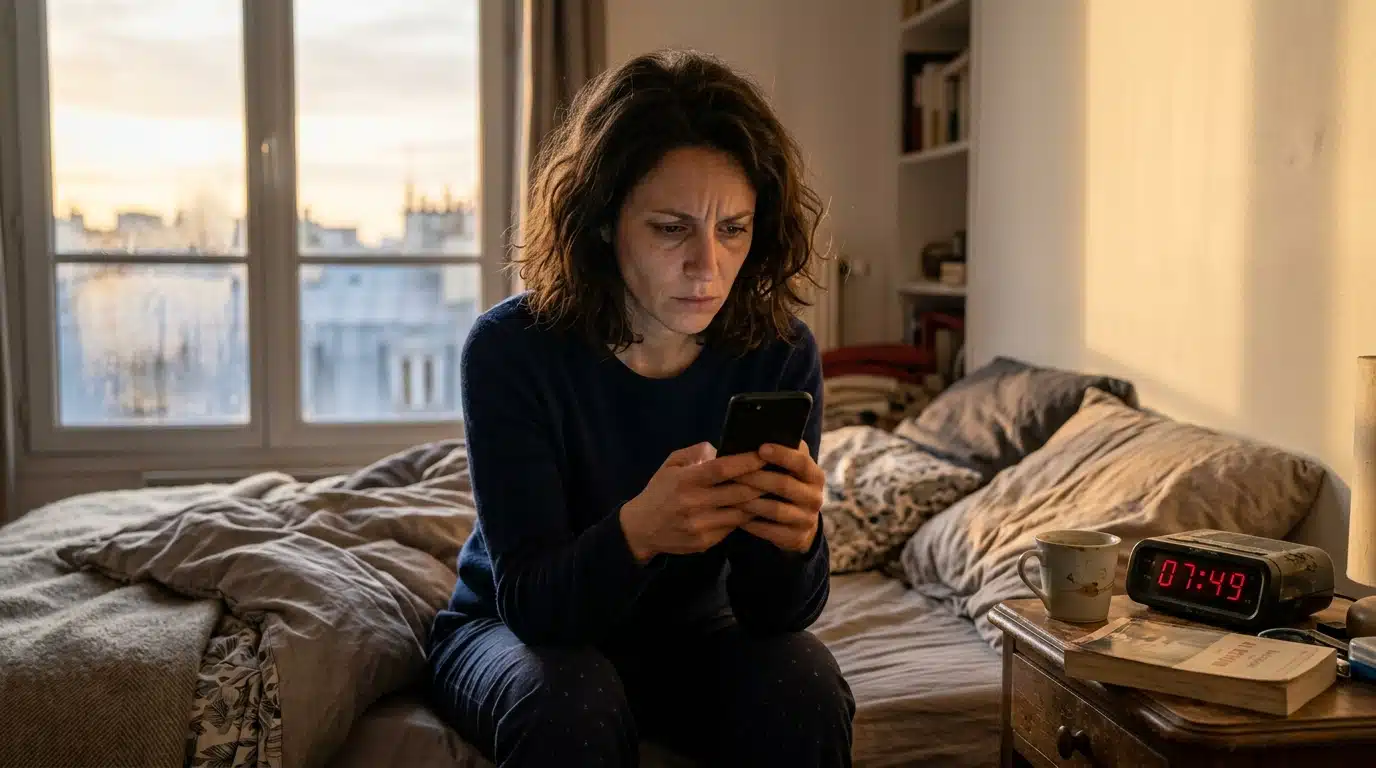 Femme inquiète devant un réveil mal réglé au petit matin