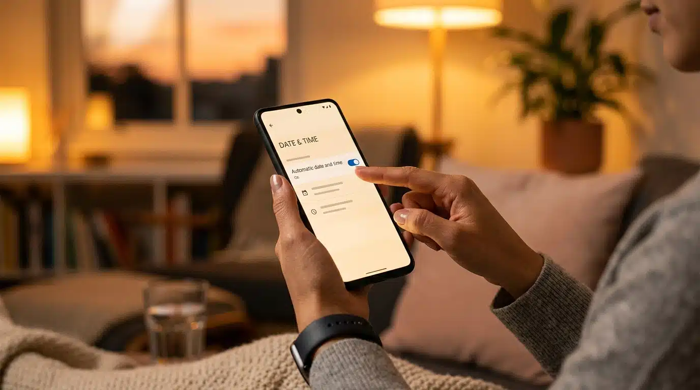 Main réglant l'heure automatique sur un smartphone