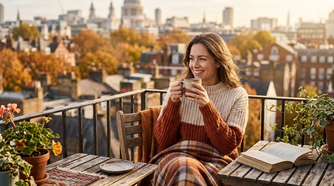 Femme buvant un café au soleil sur son balcon