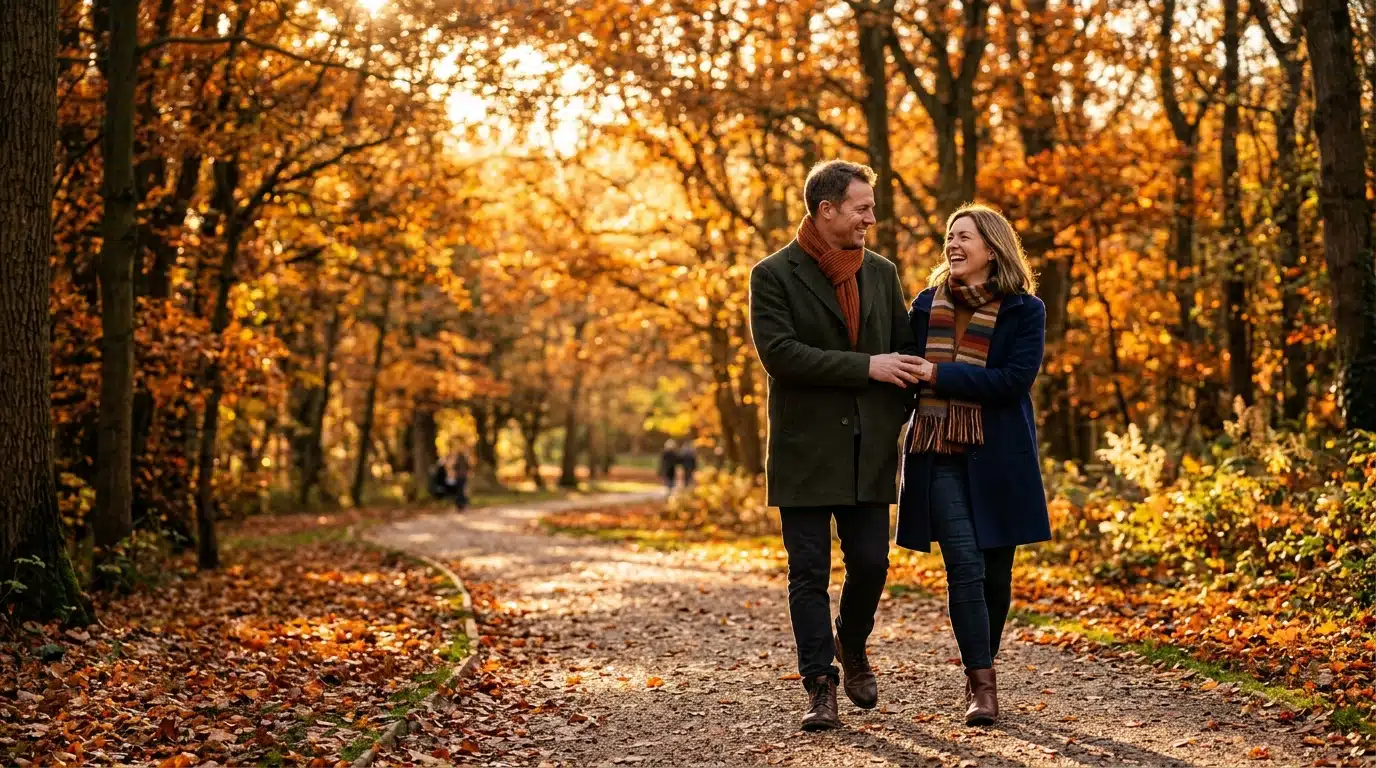 Couple se promenant dans un parc en lumière d'automne