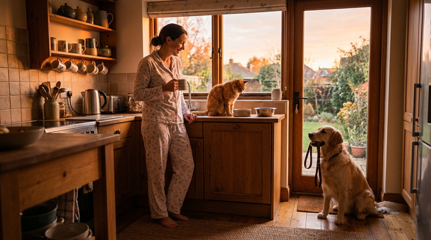 Chien et chat attendent leur repas au petit matin