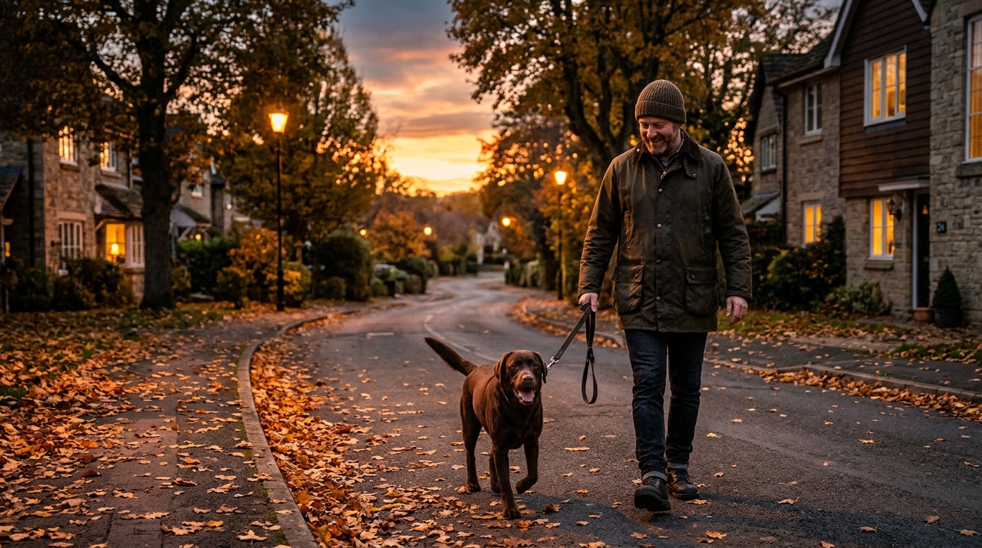 Promeneur et son labrador au coucher du soleil en automne