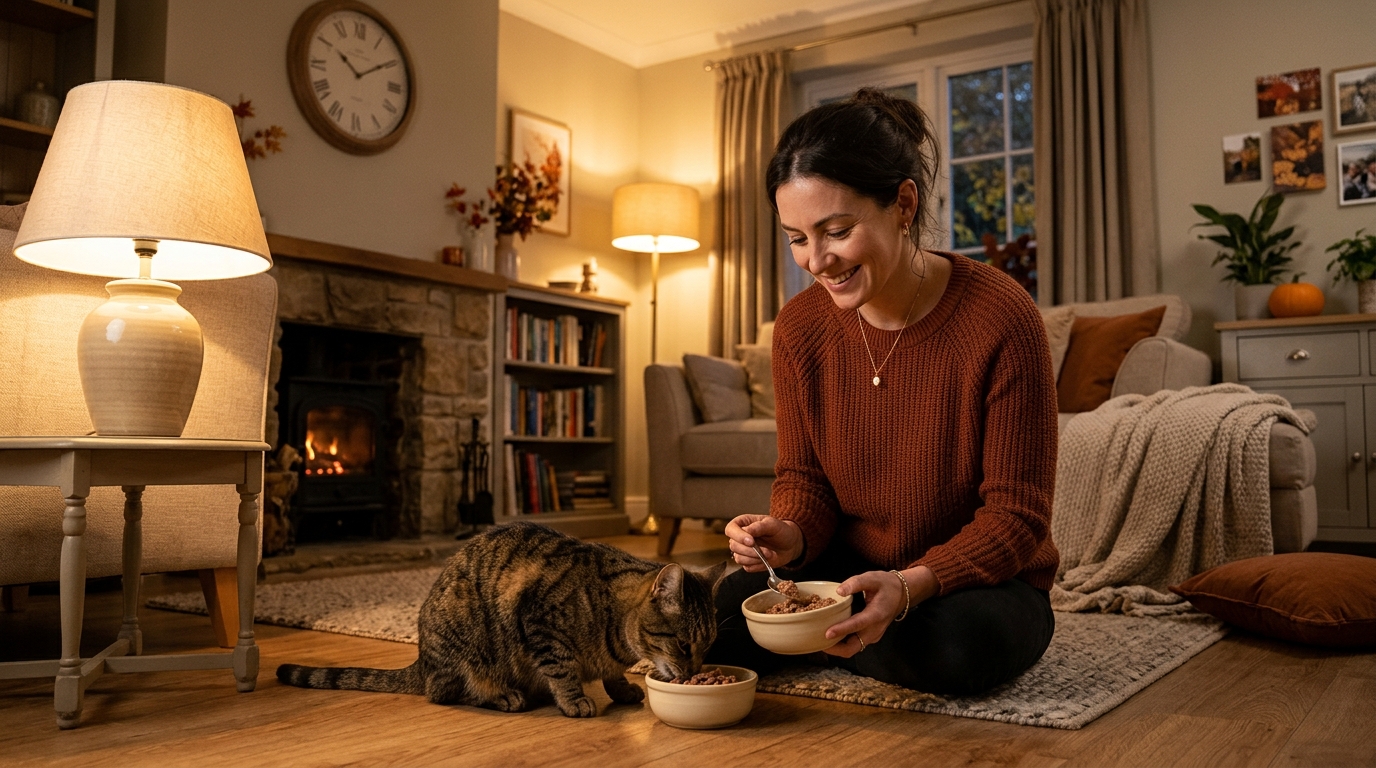 Femme servant la gamelle de son chat le soir